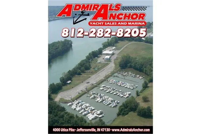 Slide: The Image of Aerial view of Admirals Anchor marina with yachts, contact details, and location in Jeffersonville, Indiana. - 52