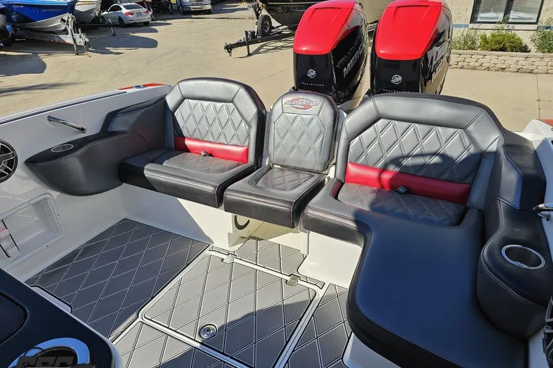 Slide: The Image of 2020 Sunsation 32 CCX boat interior with stylish seating and dual Mercury engines. - 126