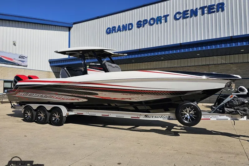 Slide: The Image of 2020 Sunsation 32 CCX boat on trailer at Grand Sport Center. - 14