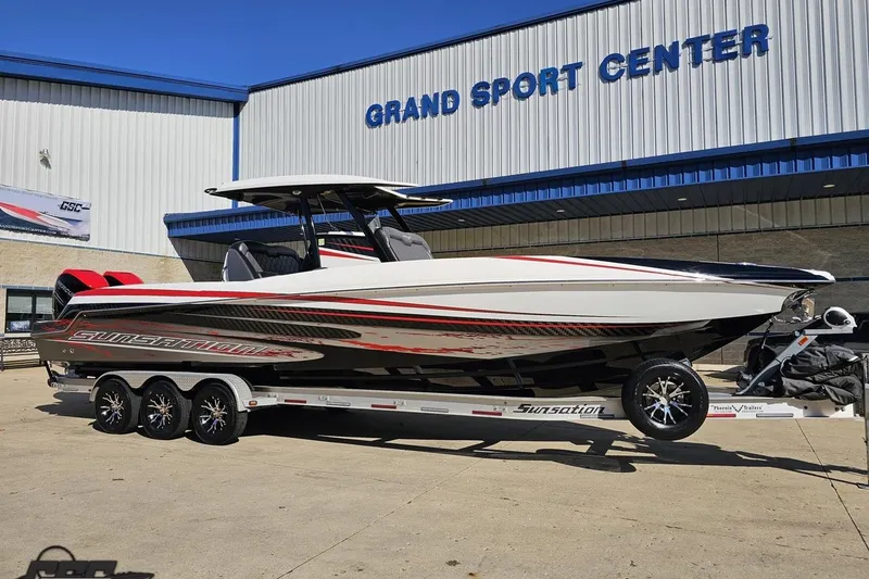 Slide: The Image of 2020 Sunsation 32 CCX boat on trailer at Grand Sport Center. - 15