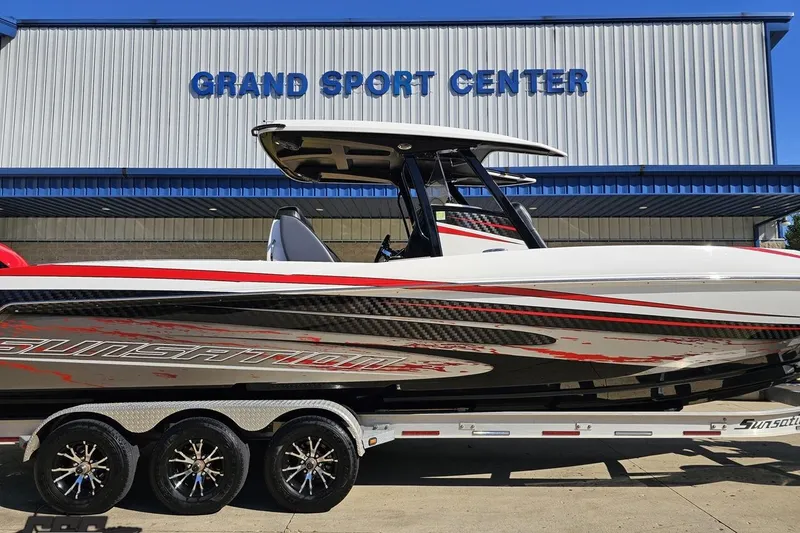 Slide: The Image of 2020 Sunsation 32 CCX boat on trailer at Grand Sport Center. - 3