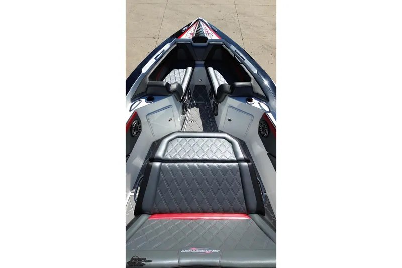 Slide: The Image of 2020 Sunsation 32 CCX boat interior with diamond-stitched seating and sleek design. - 47