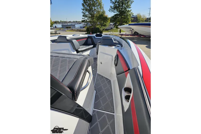 Slide: The Image of 2020 Sunsation 32 CCX boat interior with sleek seating and modern design elements. - 90