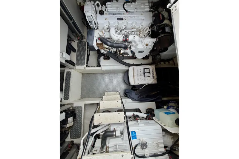 Slide: The Image of Engine room of 2009 Navigator California 50 Veneti yacht, showcasing dual engines and equipment. - 30
