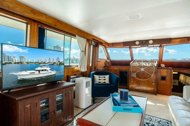 Slide: The Image of 1978 Hatteras 53 Yacht Fisherman interior with helm, seating, and large windows. - 53