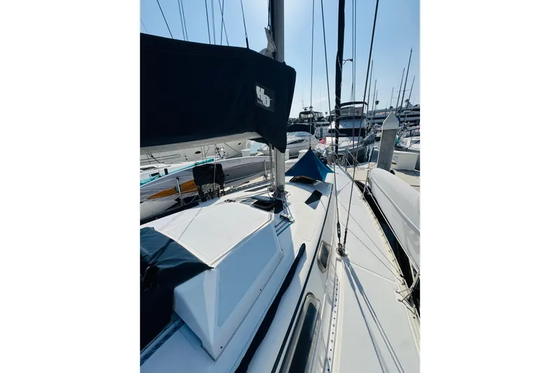 Slide: The Image of Cockpit view of 1989 Hunter Legend 37 sailboat docked in marina. - 21