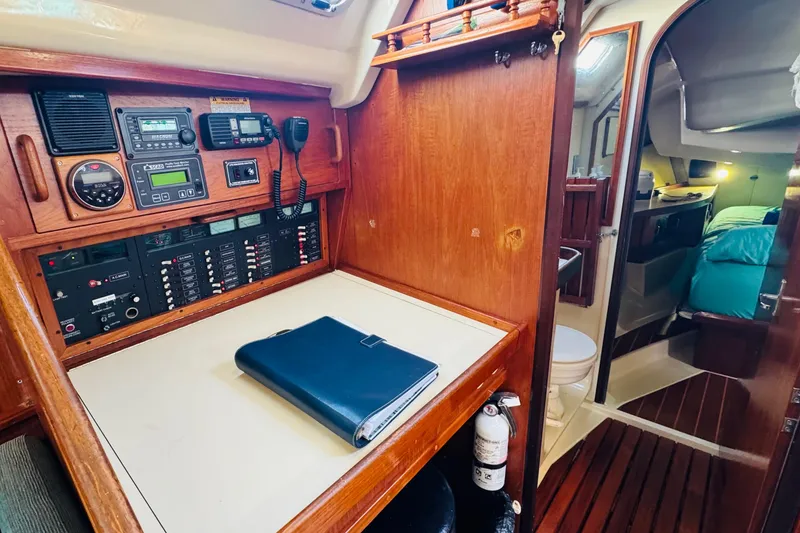 Slide: The Image of Sailboat being lifted at marina, 1990 Hunter Legend 37 model. - 36