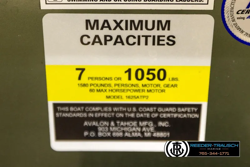 Slide: The Image of 2023 Avalon VEN BF boat capacity label, 7 persons or 1050 lbs, 60 HP motor. - 52