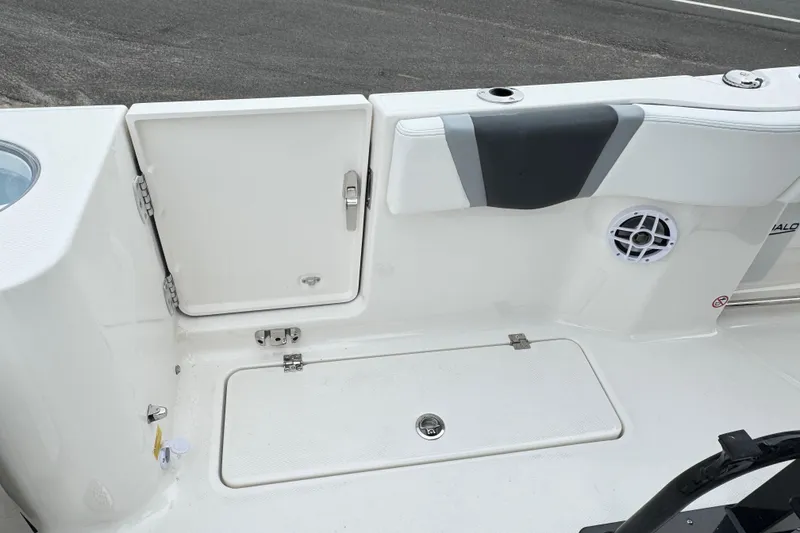 Slide: The Image of 2026 Robalo R250 Center Console boat interior with storage compartments and speaker. - 30