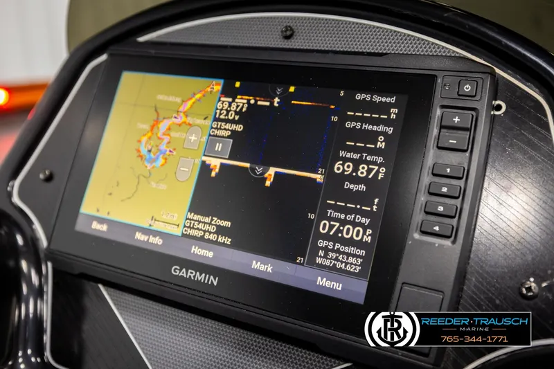 Slide: The Image of Garmin GPS display on 2022 Lowe Stinger 178 boat, showing navigation and water temperature. - 30