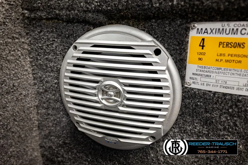 Slide: The Image of Speaker and capacity label on 2022 Lowe Stinger 178 boat interior. - 36