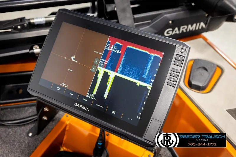Slide: The Image of Garmin fishfinder on 2022 Lowe Stinger 178 boat, Reeder-Trausch Marine branding visible. - 40