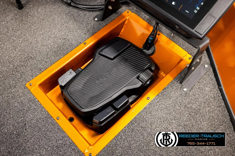 Slide: The Image of 2022 Lowe Stinger 178 boat foot pedal and control panel, Reeder-Trausch Marine branding. - 41