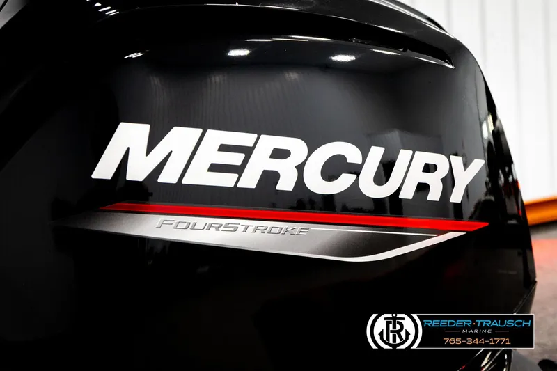 Slide: The Image of Mercury FourStroke engine on 2022 Lowe Stinger 178 boat, Reeder-Trausch Marine branding. - 47