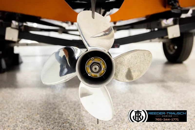 Slide: The Image of Close-up of a 2022 Lowe Stinger 178 boat propeller on display. - 49