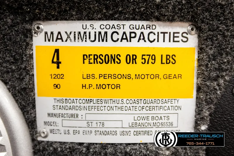 Slide: The Image of 2022 Lowe Stinger 178 capacity label: 4 persons or 579 lbs, 90 HP motor. - 60