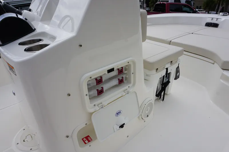 Slide: The Image of 2026 Boston Whaler 190 Montauk boat interior with storage and seating features. - 11