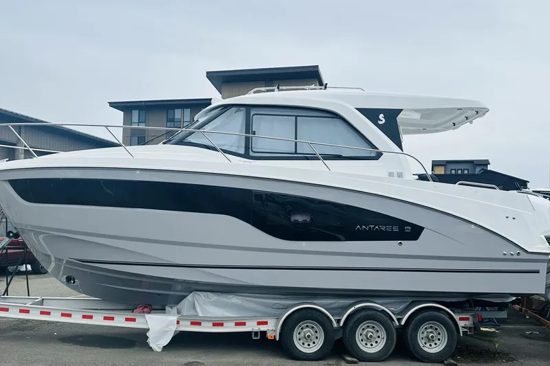 Slide: The Image of 2026 Beneteau Antares 9 V2 boat on trailer, sleek design, modern features. - 0