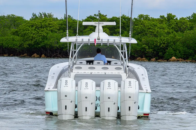 Slide: The Image of 2024 Valhalla Boatworks V-46 with quad 600 V12 engines on water. - 11