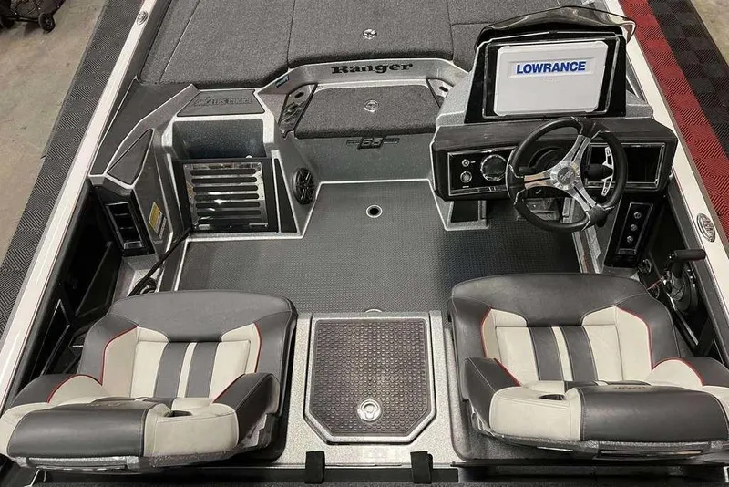 Slide: The Image of 2023 Ranger Z520R boat interior with dual seats and Lowrance electronics. - 9