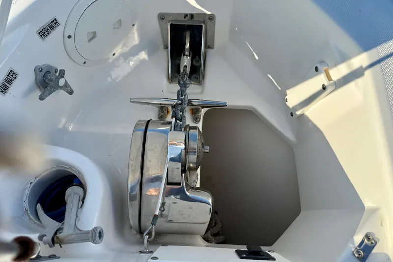 Slide: The Image of 2008 Everglades 350 Center Console anchor system with stainless steel components. - 11