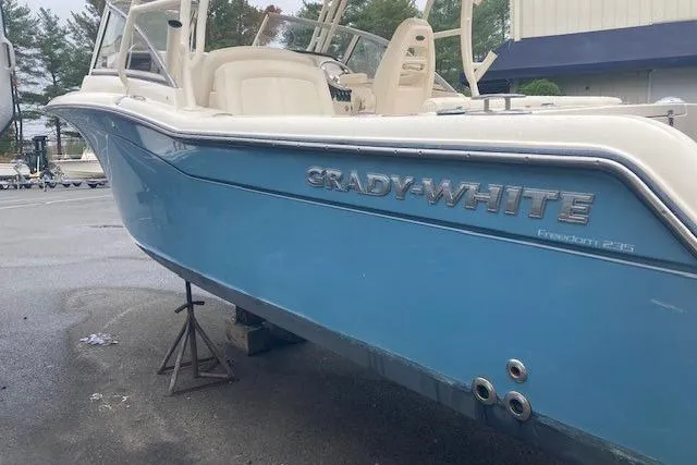 Slide: The Image of 2020 Grady-White Freedom 235 boat in light blue, parked on a stand. - 5