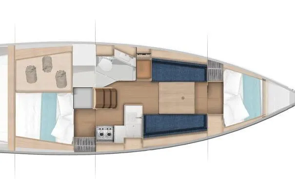 Slide: The Image of 2026 Jeanneau Sun Odyssey 350 interior layout with cabins, kitchen, and seating area. - 17