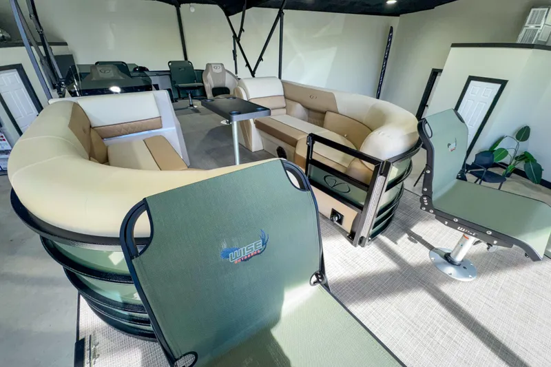 Slide: The Image of Interior of 2026 Veranda Vista 22F2/2/1 pontoon boat with plush seating and modern design. - 11