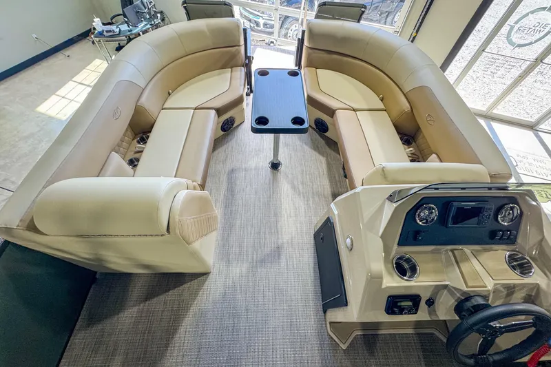 Slide: The Image of Luxurious interior of 2026 Veranda Vista 22F2/2/1 pontoon boat with plush seating and modern dashboard. - 14