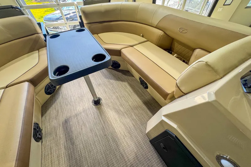 Slide: The Image of Luxurious interior of 2026 Veranda Vista 22F2/2/1 pontoon boat with seating and table. - 19