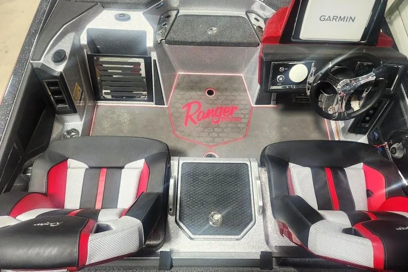 Slide: The Image of 2025 Ranger Z520R Cup-Equipped boat interior with Garmin system and stylish seating. - 6
