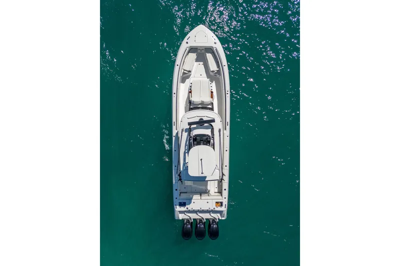 Slide: The Image of Aerial view of 2025 Everglades 375 Center Console boat on turquoise water. - 31