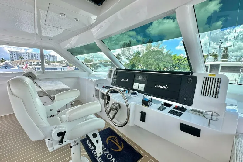 Slide: The Image of Luxurious 2023 Horizon PC60 yacht helm with modern Garmin navigation system and plush seating. - 20