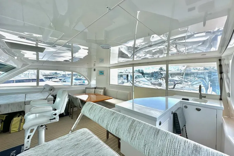 Slide: The Image of Luxurious interior of 2023 Horizon PC60 yacht with modern seating and panoramic windows. - 21
