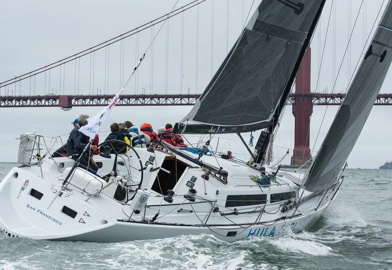 Slide: The Image of Sailboat Santa Cruz SC 50, 1980, sailing near Golden Gate Bridge, San Francisco. - 7