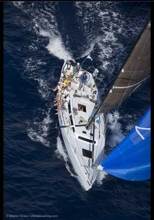 Slide: The Image of Aerial view of 1980 Santa Cruz SC 50 sailboat racing on open sea. - 8