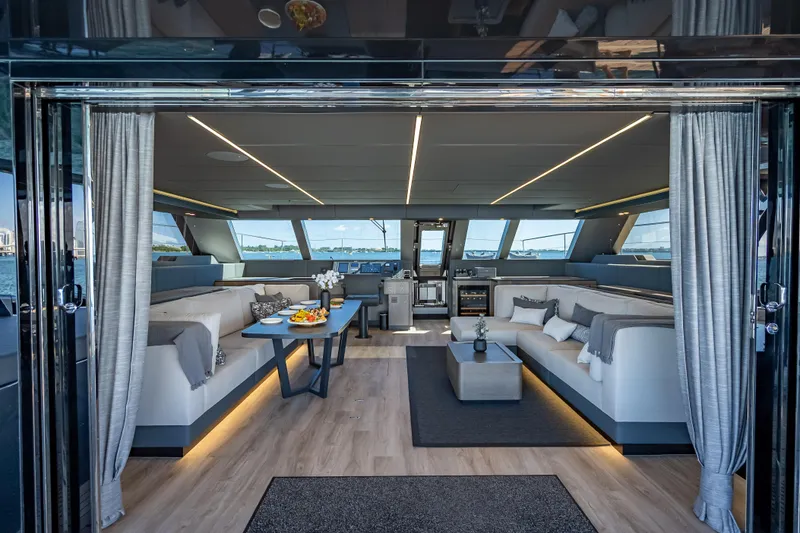Slide: The Image of Luxurious interior of 2026 Sunreef 60 Power yacht with modern furnishings and panoramic windows. - 43