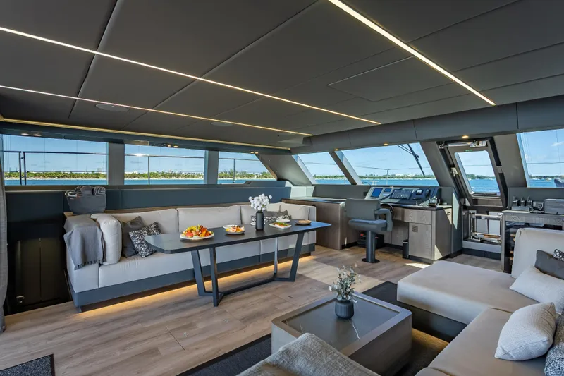 Slide: The Image of Luxurious interior of 2026 Sunreef 60 Power yacht with modern furnishings and panoramic windows. - 46