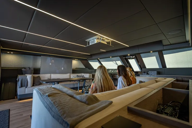 Slide: The Image of Luxurious interior of 2026 Sunreef 60 Power yacht with modern seating and entertainment system. - 47