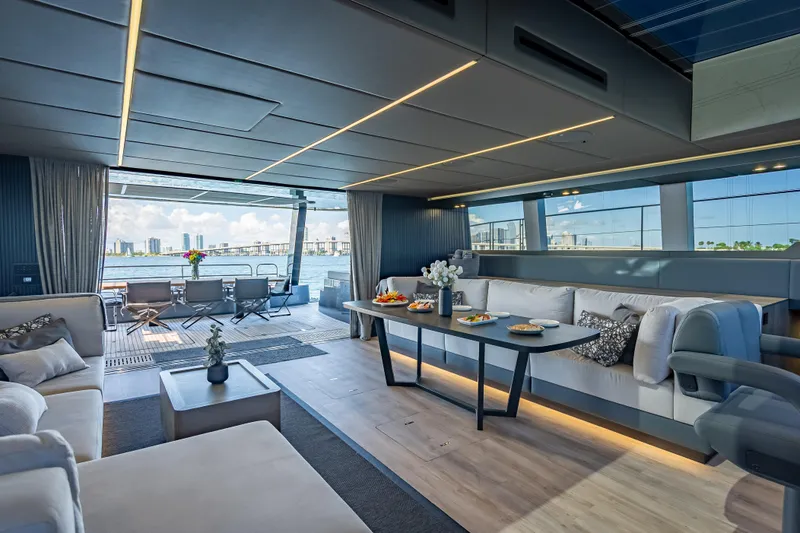 Slide: The Image of Luxurious interior of 2026 Sunreef 60 Power yacht with elegant seating and ocean view. - 52