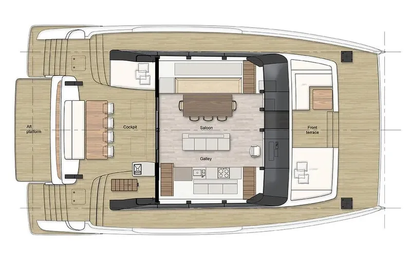 Slide: The Image of Floor plan of 2026 Sunreef 60 Power yacht, featuring cockpit, saloon, galley, and front terrace. - 95