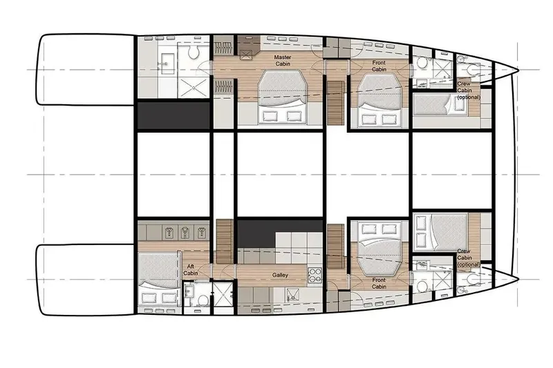 Slide: The Image of Floor plan of 2026 Sunreef 60 Power yacht, featuring cabins, galley, and optional crew quarters. - 96