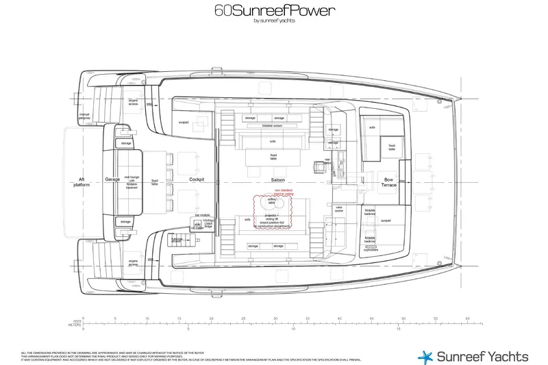 Slide: The Image of Floor plan of 2026 Sunreef 60 Power yacht, featuring cockpit, saloon, and bow terrace. - 99