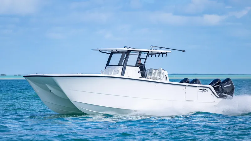 Slide: The Image of 2025 Invincible 35 Catamaran cruising on clear blue waters. - 5