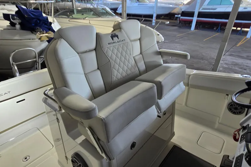 Slide: The Image of 2024 WorldCat 280 CC-X boat interior with luxurious seating and modern design. - 22