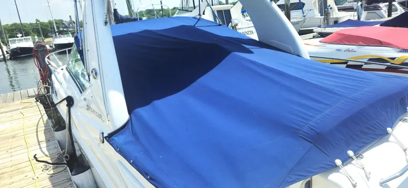 Slide: The Image of 2008 Sea Ray 260 Sundancer with blue cover docked at marina. - 5