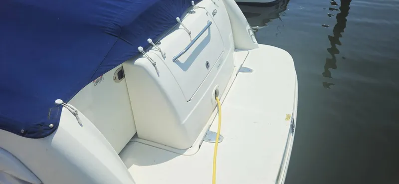 Slide: The Image of 2008 Sea Ray 260 Sundancer boat with blue cover docked at marina. - 4
