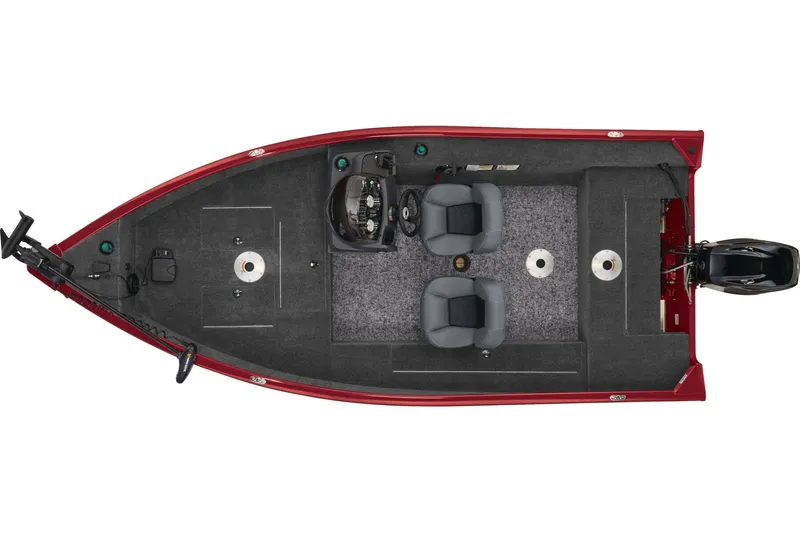 Slide: The Image of 2026 Tracker Super Guide V-16 SC boat with open storage compartment, gray interior. - 8