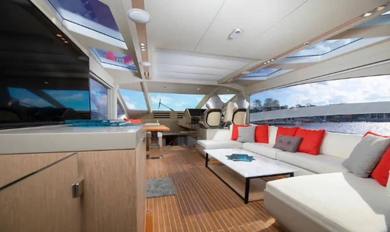 Slide: The Image of Luxurious interior of 2019 Numarine 78 yacht with modern furnishings and panoramic windows. - 13