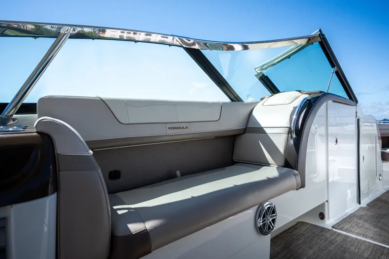 Slide: The Image of 2018 Formula 350 Crossover Bowrider OB interior with luxurious seating and sleek design. - 27